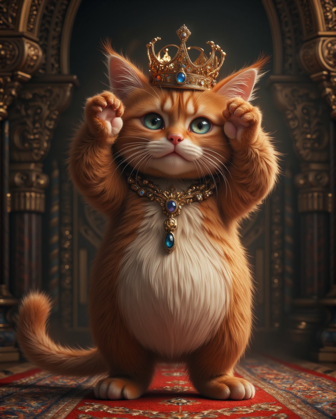 handsome , grumpy, With the crown on,,cute British short haired cat with a belly, the movement of one's arms up, Exaggerated action, 3D character, royal background, a little hairy, elongated shape, cartoon style, minimalism --chaos 12 --ar 2:3 --style raw --stylize 200 --iw 0.3 --v 6.0
