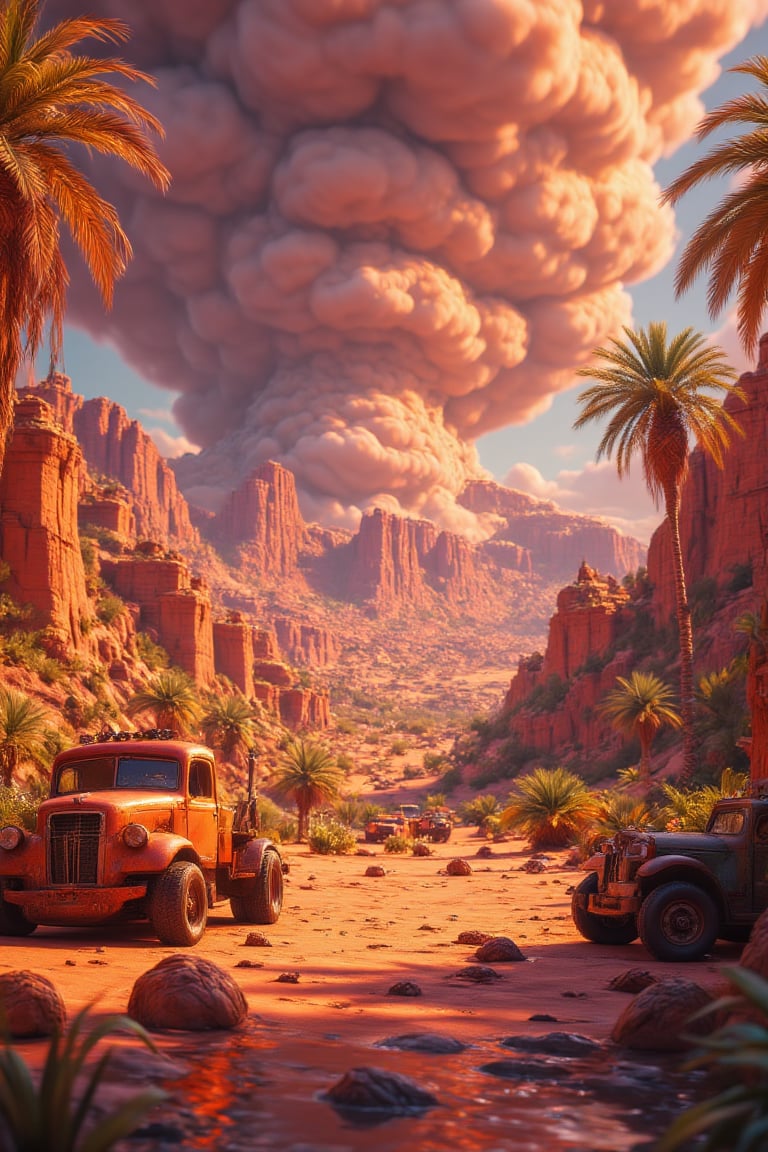 3d vibrant cartoon art Illustrate A post-apocalyptic desert landscape, with rusted vehicles half-buried in the sand, a massive sandstorm approaching in the distance, and survivors scavenging for supplies.