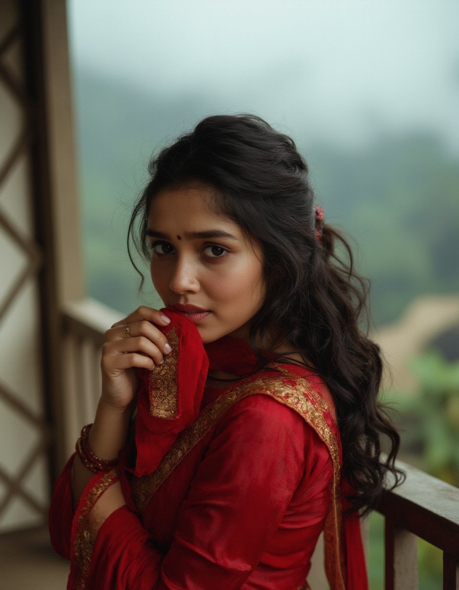  Masterpiece, best quality, Photorealistic, sharp focus, highly detailed, top quality, Ultra-High Resolution, HDR, 8K, epiC35mm, film grain, moody photography, cinematic style, color saturation:-0.4. A mid shot portrait of a Nepali young woman, heartbroken, wearing a traditional red sari with gold embroidery, standing on the balcony of her rural home, 25 years old, long wavy black hair, dark brown eyes, holding a handkerchief to her face, eyes swollen from crying, standing with her back slightly to the camera, gazing out over a misty valley below.