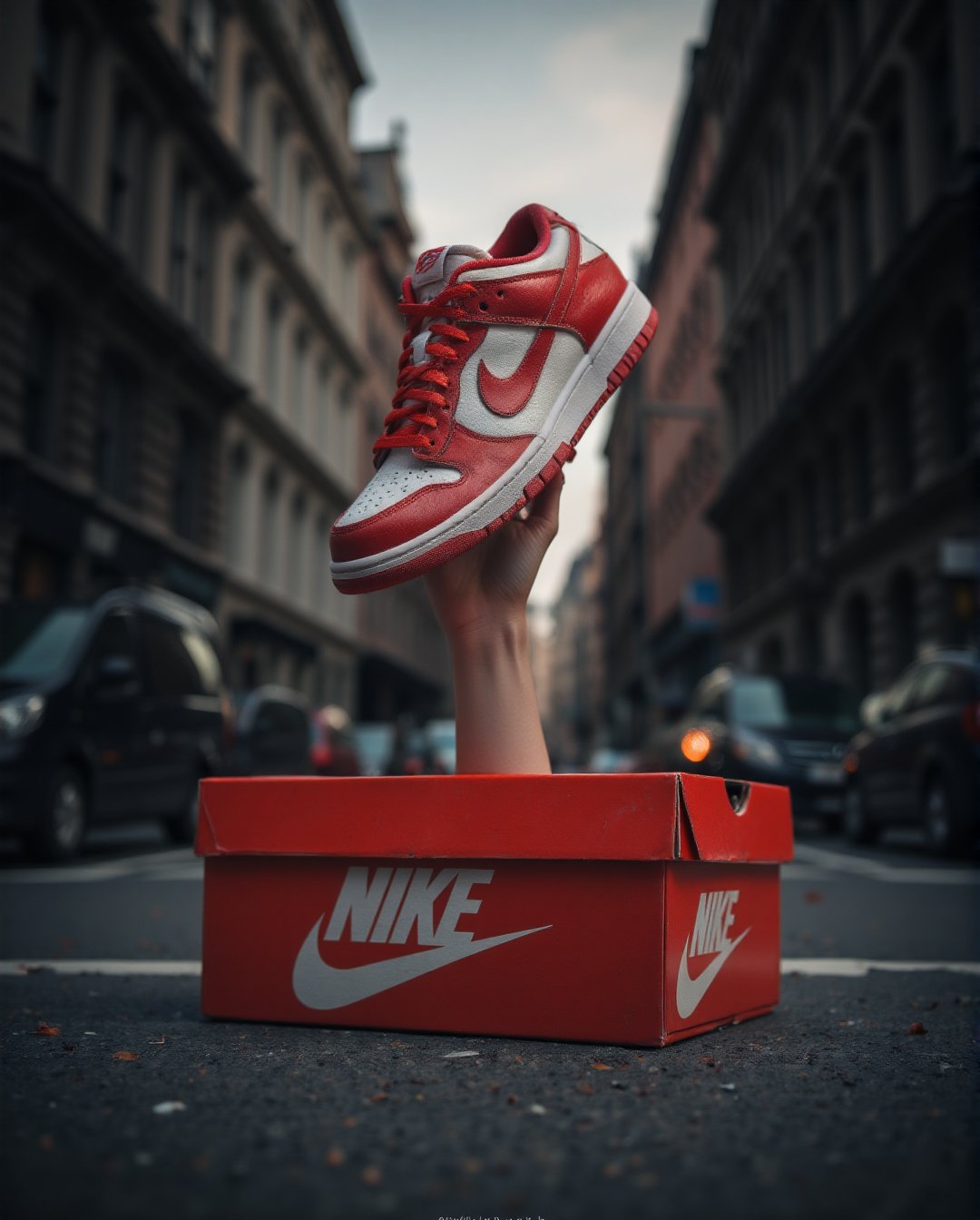 Create a striking scene of a human hand emerging from inside a red Nike shoe box with the iconic Nike logo. The hand is grasping a Nike Dunk shoe, showcasing it prominently as it rises toward the top of the box. The scene is set on an empty street, with the box sitting alone on the pavement, the surrounding environment desolate but adding to the focus on the shoe. The contrast between the vibrant red box and the muted tones of the street should emphasize the shoe and branding in a powerful, almost surreal moment