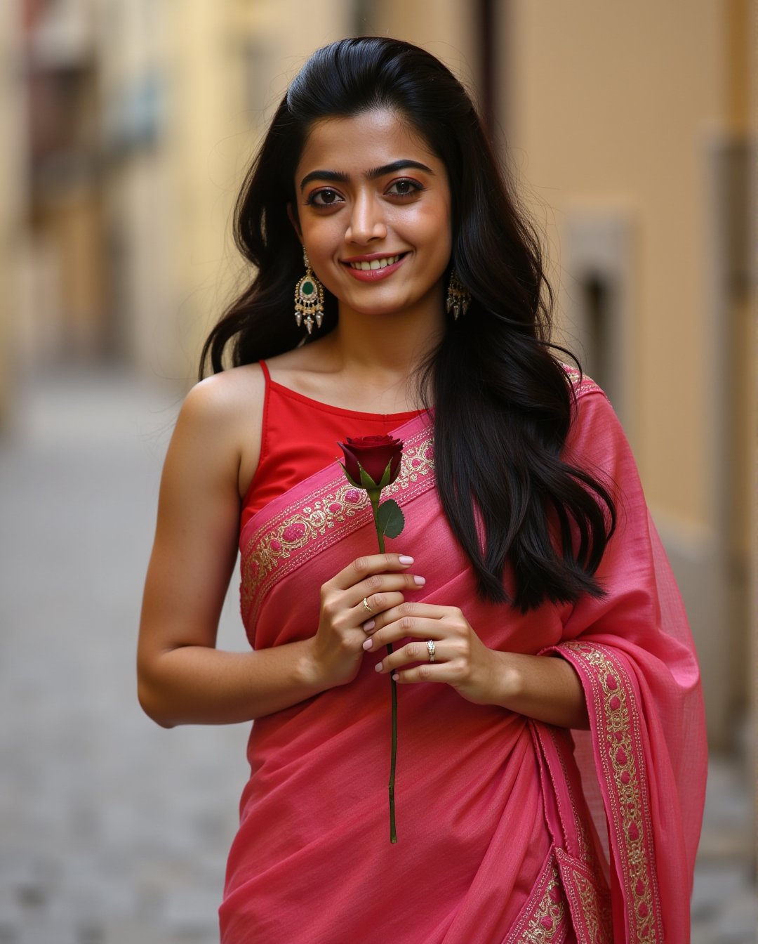 indian 25 year beautifull sexy girl,rashmika mandanna,Style by Epic Seven: 1.3 , Eye Details: 1.3, Break, Long Hairstyle, Shining natural black long Hair: 1.3, Face Details: 1.3, Happy Smile,((full body view)),A girl in a dating dress in the europe street, holding a rose after dating, blushing at her first love, who asked her to be his valentine, shy and smiling face, full of love and romantic atmosphere, softer lens filter, soft and warm light, retro style ,photorealistic:1.3, best quality, masterpiece,Rashmika 