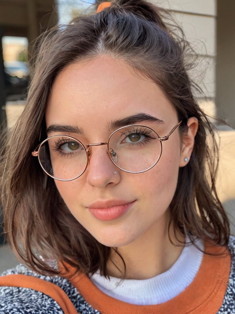 21 yo american instagram influencer, brunette, (wire rim glasses:1.4), capture this image with a high resolution photograph using an 85mm lens for a flattering perspective
