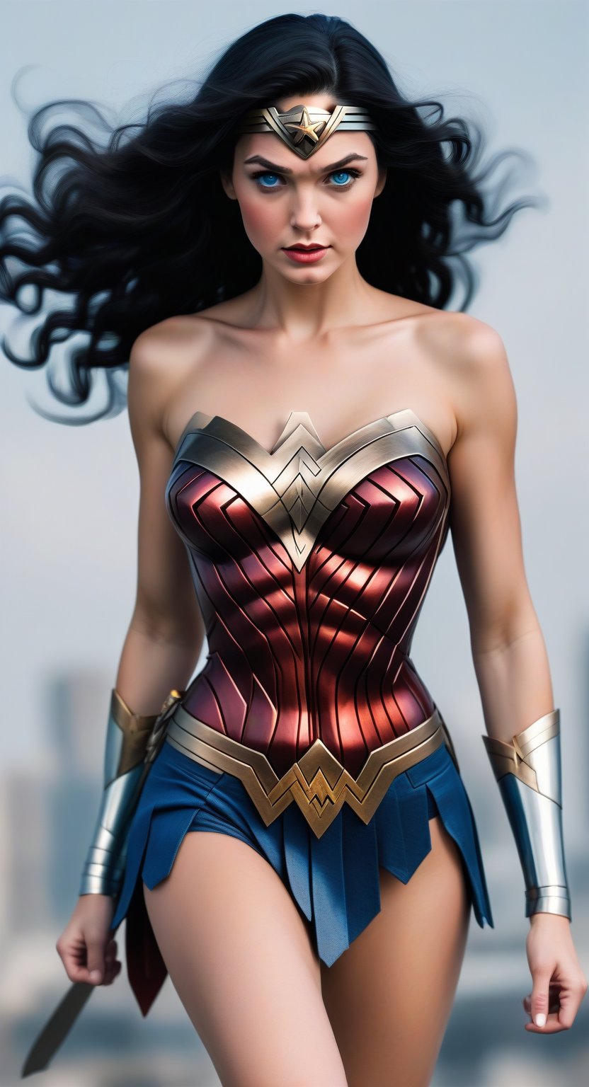 Wonder woman dress.Blue eyes.black hair.flying karte hue