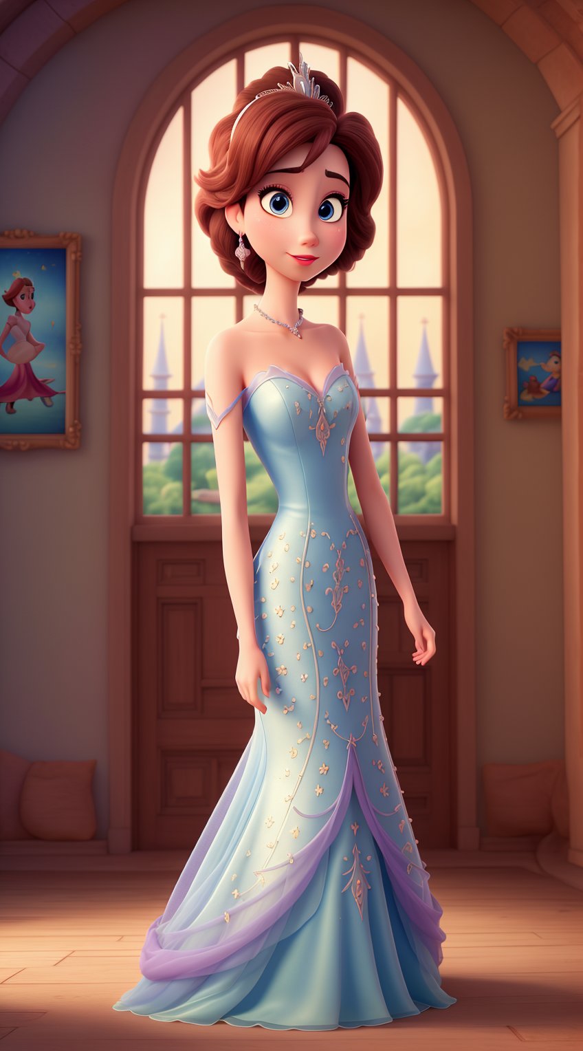 fantasy,(masterpiece,best quality),(beautiful,detailed eyes),(3d cartoon,walt disney princess),(aethetic,castle),(dress,elegant posture),(magic,visual appeal),