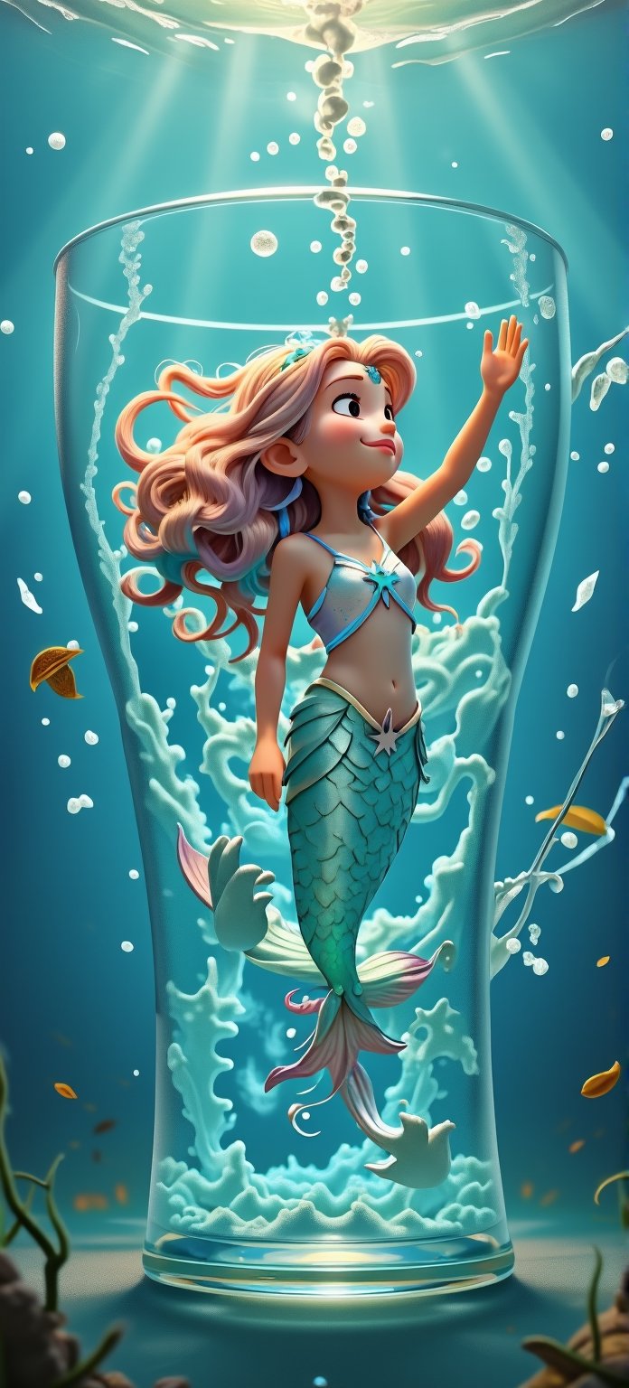 In the shimmering confines of a grand glass teacup, a young mermaid-girl swims amidst a turbulent sea within. Her long, flowing locks are tied back with a seaweed-like cord, revealing a radiant smile as she gazes up at the cup's rim. The crystal-clear water churns with miniature whirlpools and eddies, like tiny tornadoes dancing around her. She wears a delicate starfish-shaped top that glints in the soft underwater light, its points catching the faint glow of bioluminescent creatures or sunlight filtering down from above.

Her shimmering tail is adorned with iridescent scales, reflecting the whimsical atmosphere within. A few tea leaves and loose threads drift lazily through the water, hinting at the teacup's surroundings beyond. The mermaid-girl's pose exudes playfulness, as if frozen in a magical moment. The overall mood is dreamlike, inviting us to step into this enchanting underwater world beneath the waves.,3d animation style