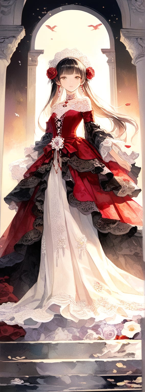 Title: "Crimson Elegance"

In a drenched in romance and elegance, a solitary figure, a girl, graces the scene with an aura of enchantment. She is adorned in a breathtaking ensemble, embodying the essence of sophistication and allure in a ((((Romantic Lace Dress)))) that captivates the eye and stirs the heart.

Her choice of attire is a testament to timeless beauty and grace—a resplendent lace dress in a hue of crimson or burgundy that evokes passion and mystery. The delicate lace fabric drapes softly around her form, whispering of whispered secrets and whispered promises. The rich color of the dress adds a layer of depth and allure, creating an air of intrigue and sophistication that is perfect for a romantic Valentine's Day dinner or an evening of enchantment.

To complement the ethereal beauty of the lace dress, she adorns herself with pearls, the epitome of classic elegance and refinement. A string of pearls necklace graces her neck, its lustrous orbs reflecting the light with a mesmerizing glow. Pearl stud earrings adorn her ears, adding a touch of subtle glamour to her ensemble. A pearl-adorned clutch dangles from her wrist, a symbol of understated luxury and sophistication.

The pearls harmonize with the lace dress, enhancing its romantic appeal and elevating the overall look to one of timeless elegance. Each accessory is a stroke of finesse, adding a touch of purity and grace to the girl's ensemble, creating a symphony of beauty that is both captivating and alluring.

Authored by kyo8sai, this magnificent creation stands as a testament to the artist's creative prowess and was brought to life on 2024-09-07.The painting is signed 'kyo8sai' on the edge.

"Crimson Elegance" captures a moment frozen in time, where beauty and romance intertwine in a dance of passion and refinement. The girl, draped in lace and pearls, embodies a sense of poise and allure, inviting admiration and stirring emotions in those who behold her presence.
