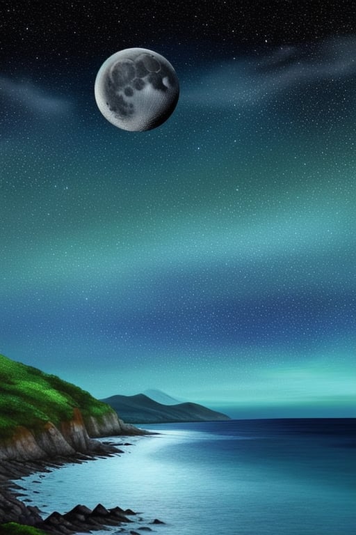 Paint me a particularly beautiful landscape picture, with sky, ocean, stars, and moon.