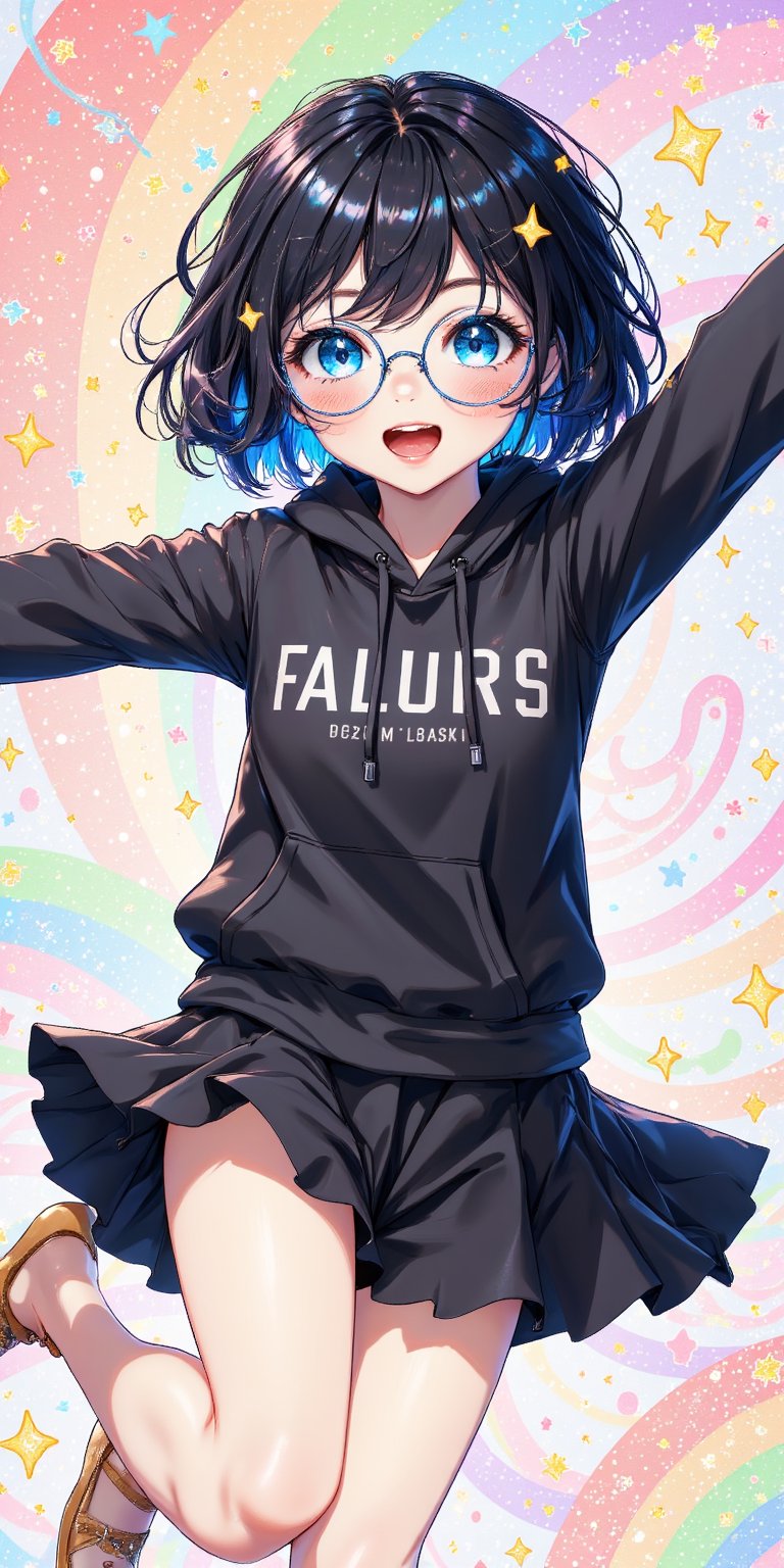 masterpiece, best quality, 1boy, solo, petite, (black hair), bob cut, (messy hair), (blue colored inner hair), hair between eyes, blue eyes, round eyewear, hoodie , black skirt,standing on one leg, arms up, \o/, joy, happy, mouth open, blush, dynamic, fantasy, cute background, polka dot background, rainbows, sparkles,