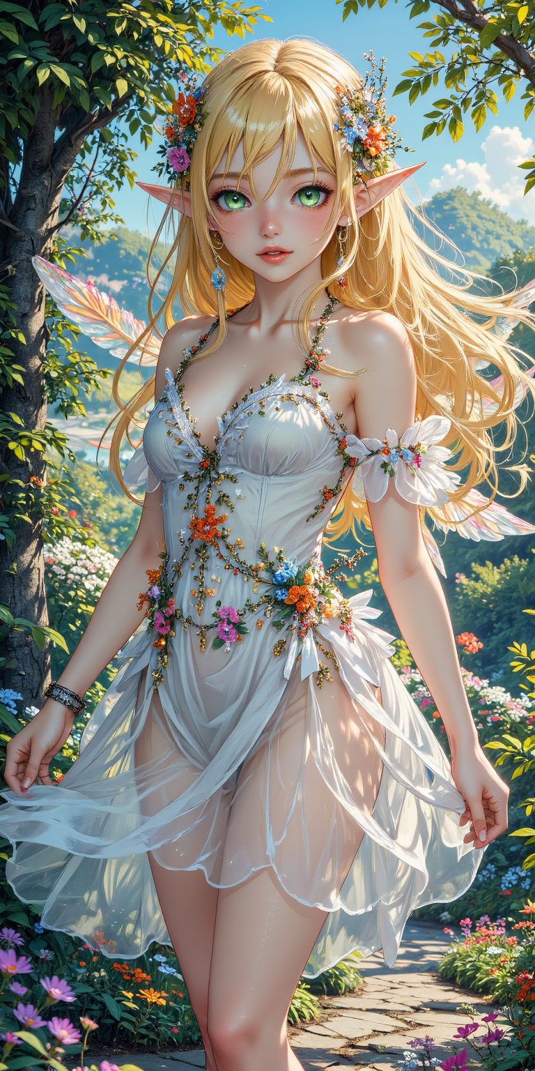 masterpiece, best quality,anime style,1girl, solo, slender, tall, medium breasts,long straight hair,(blonde hair),hair between eyes, (green eyes),(elf ears),pointy ears,cute(smile playfully),fairy dress, background,fairy world,dreamy view