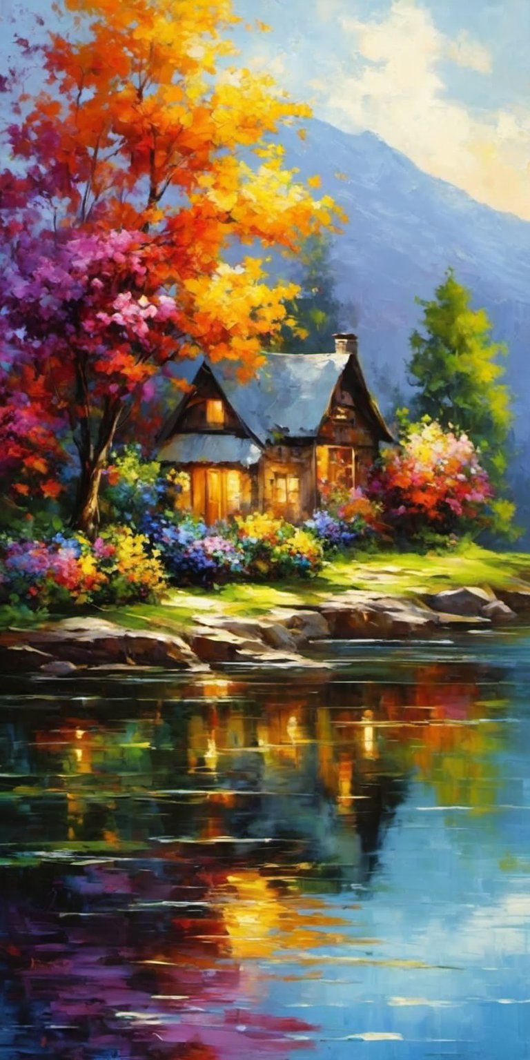 Oil paint,No humans, scenery, beautiful lake, cottage,flowers