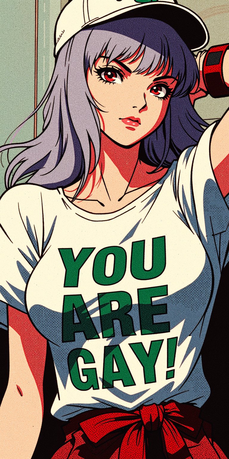 a retro anime of a gothic pale white skinned vampire girl with smoky red eyes, black eyeliner,red lips, broad shoulders,big breasts and long wavy silver hair cascading down her back in a casual pose, with a smug expression on her face,wearing a white t-shirt with bold green and white text that reads 'YOU ARE GAY!". The person is also wearing a white snapback with the word 'OBEY' printed on it, and a red wristband. The background is a plain, light-colored wall, and the overall color palette is dominated by red, and black.