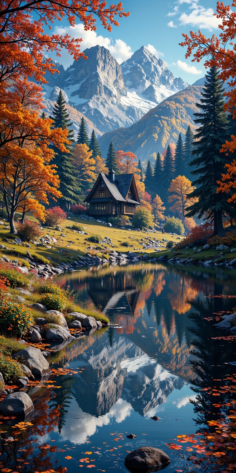 ((extremely detailed,8k)),autumn scenery,no humans,trees,lake,blue sky, autumn leaves, cottages,fantasy