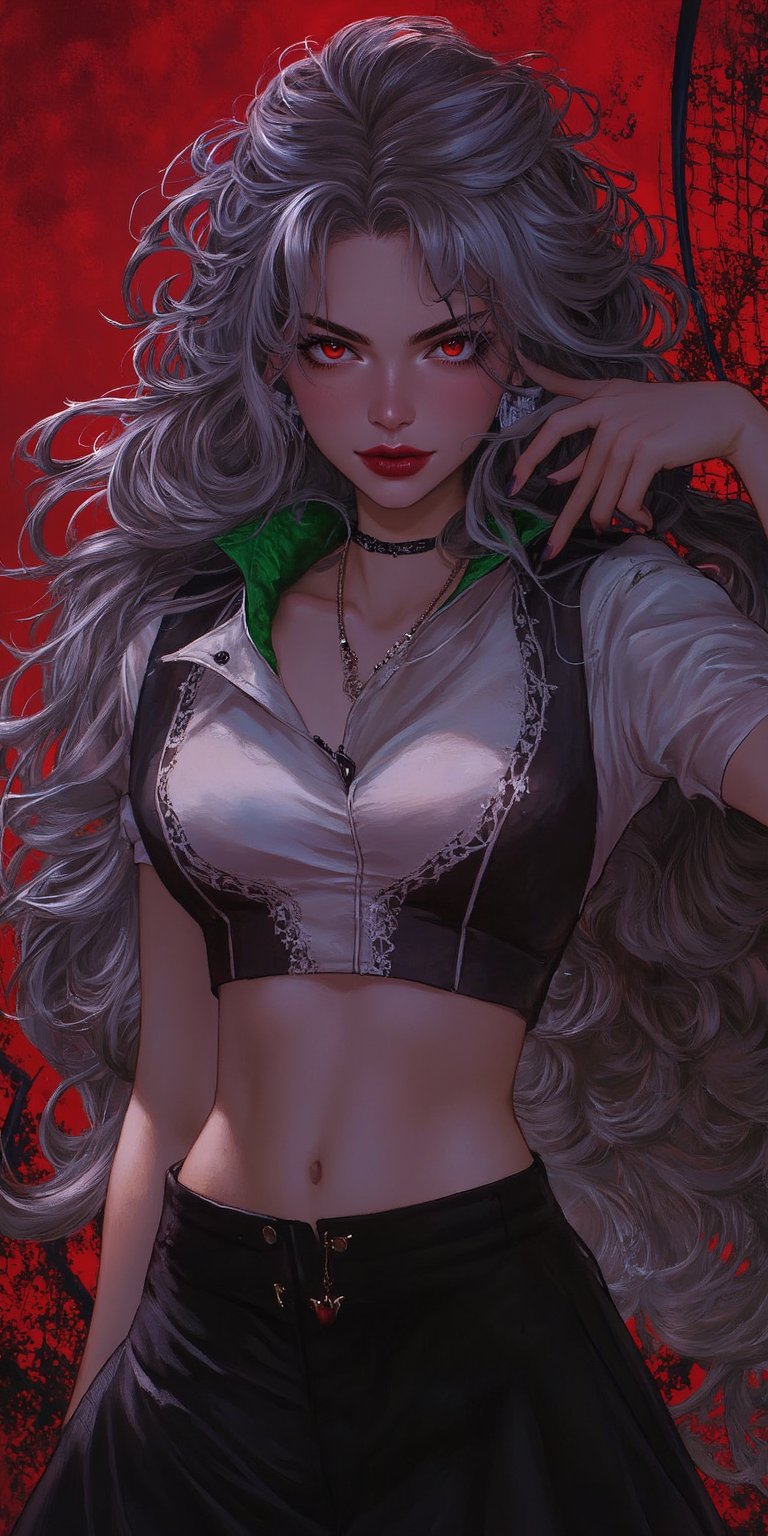 Let's make a full body portrait of an anime illustration: In a dramatic, dynamic pose, Shaltear Bloodfallen-inspired vampire maiden gazes directly at the viewer with perfect, expressive eyes that seem to burn with an inner fire. Her pale skin glowing,accentuating her smoky dark red eyes and red irises. A sly smile spreads across her lips, painted a deep crimson hue. Her long, dark silver hair flows like a waterfall down her back, with wavy strands framing her face.

She stands tall, wearing a sporty attire that showcases her impressive physique - a short-sleeved white and black top with green lining, paired with a high-collared black pleated skirt. In one hand, she holds a badminton racket at the ready, as if paused mid-shot on the outdoor badminton field. The composition is bold and striking, drawing the viewer's attention to her captivating gaze.