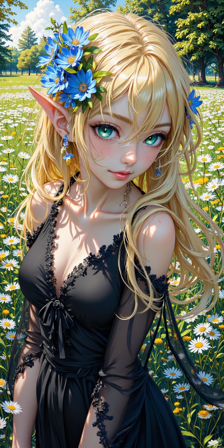 masterpiece, best quality, 1girl, solo, slender, tall, medium breasts, long straight hair,(blonde hair),blue flower on one side of hair,hair between eyes, (green eyes),(elf ears),pointy ears,cute(smile playfully), Black dress, dandelion garden,dreamy view