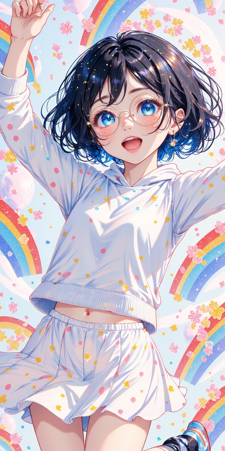 masterpiece, best quality, 1boy, solo, cute, petite, (black hair), bob cut, (messy hair), (blue colored inner hair), hair between eyes, blue eyes, round eyewear, hoodie ,skirt,standing on one leg, arms up, \o/, joy, happy, mouth open, blush, dynamic, fantasy, cute background, polka dot background, rainbows, sparkles,