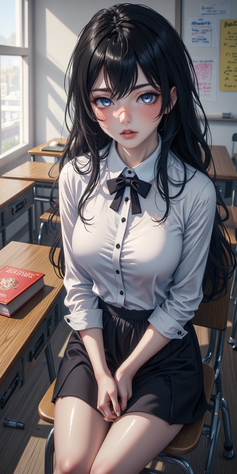 score_9, score_8_up, score_7_up, source_anime, 1girl, speedlines, expressive , ((hourglass figure)),Fit, smooth skin,((blushing)), ((Classroom)), college girl,long black hair, wavy hair,buttoned shirt,bow tie,skirt, ((shy)),Black eyes, (sitting on the chair), (desk infront of her),(book on the desk),(eyes on the book), blushing,front view, sitting straight, timid face,full view