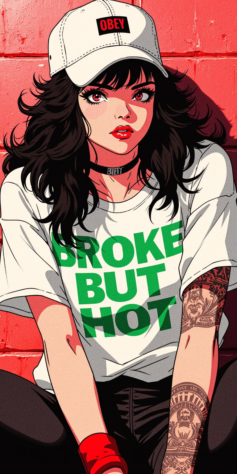 a retro anime of a gothic pale white skinned vampire girl with smoky red eyes, black eyeliner,red lips and dark wavy silver hair cascading down her back in a casual pose, wearing a white t-shirt with bold green and white text that reads 'BROKE BUT HOT". The person is also wearing a white snapback with the word 'OBEY' printed on it, and a red wristband. The background is a plain, light-colored wall, and the overall color palette is dominated by red, and black.