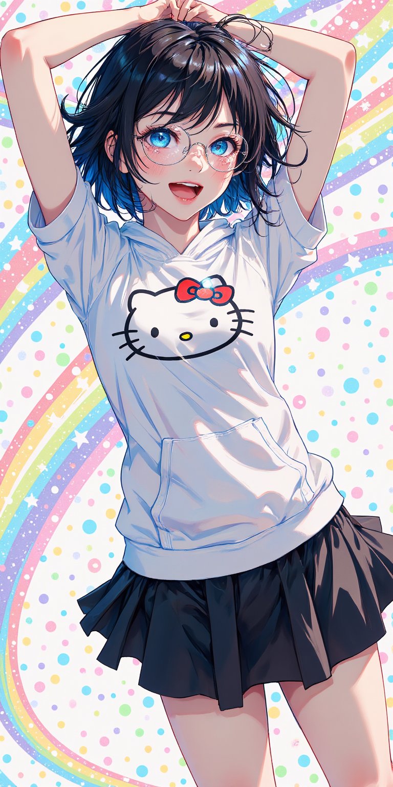 masterpiece, best quality, (1boy), solo,(black hair), bob cut, (messy hair), (blue colored inner hair), hair between eyes, blue eyes, round eyewear,white hoodie with hello kitty pattern, black skirt,standing on one leg, arms up, \o/, joy, happy, mouth open, blush, dynamic, fantasy, cute background, polka dot background, rainbows, sparkles,