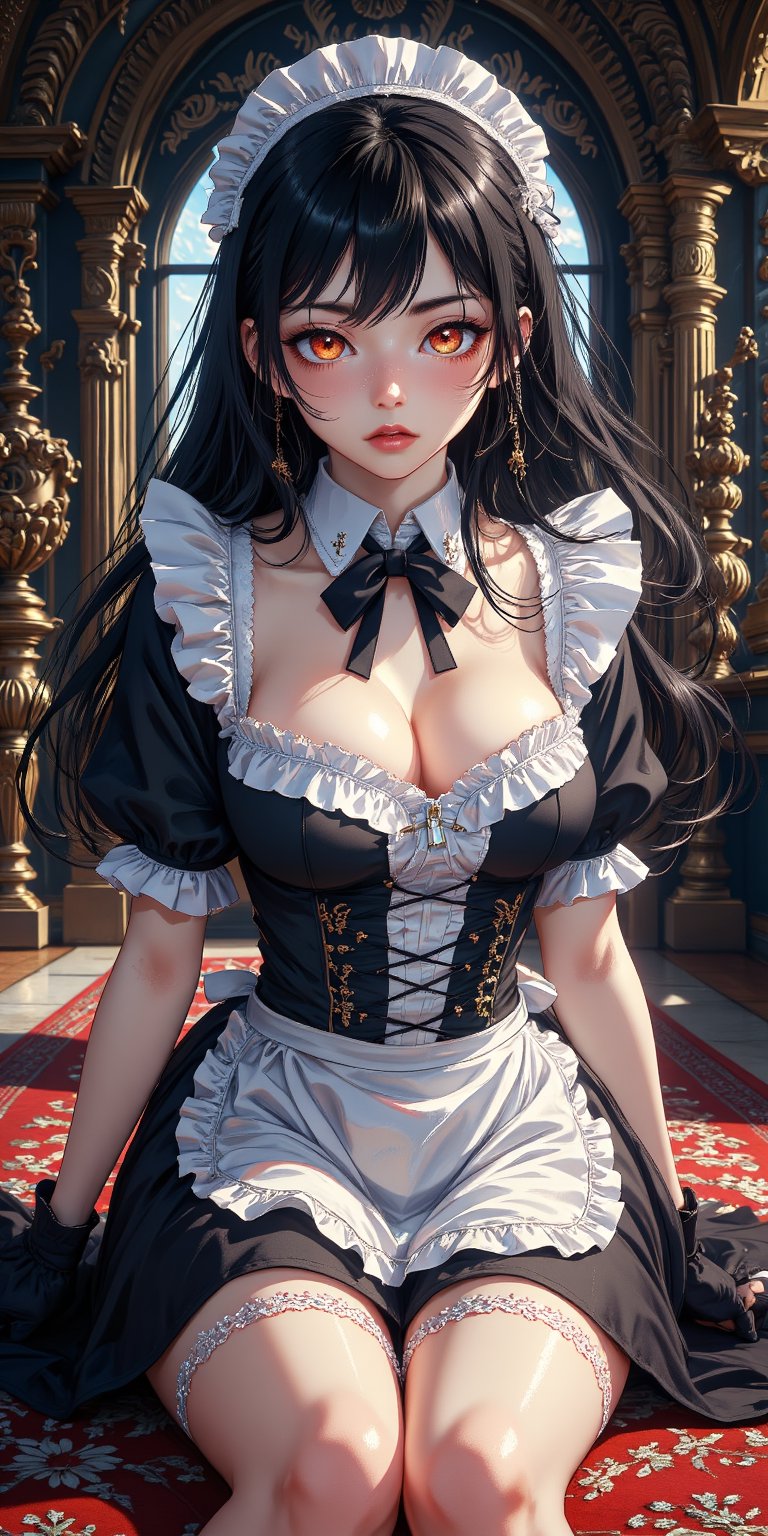 score_9, score_8_up, score_7_up, source_anime, 1girl, speedlines,expressive,((hourglass figure)),big breasts,(ringed brown eyes),smooth skin,((blushing)),((embarassed)),long black hair, wavy hair,maid outfit,sitting,(all fours),background,inside of a royal mansion,(front view)