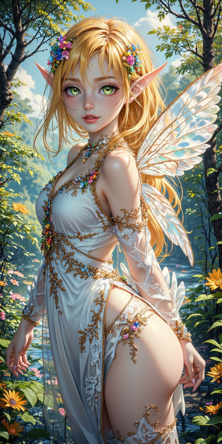 masterpiece, best quality,anime style,1girl, solo, slender, tall, medium breasts,long straight hair,(blonde hair),hair between eyes, (green eyes),(elf ears),pointy ears,cute(smile playfully),fairy dress, background,fairy world,dreamy view