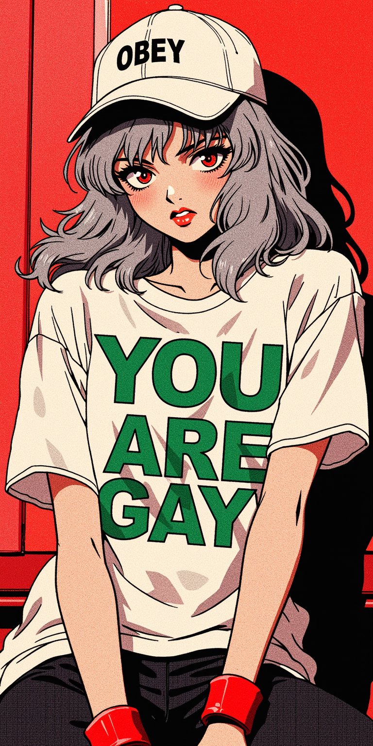 a retro anime of a gothic pale white skinned vampire girl with smoky red eyes, black eyeliner,red lips and wavy silver hair cascading down her back in a casual pose, wearing a white t-shirt with bold green and white text that reads 'YOU ARE GAY!". The person is also wearing a white snapback with the word 'OBEY' printed on it, and a red wristband. The background is a plain, light-colored wall, and the overall color palette is dominated by red, and black.