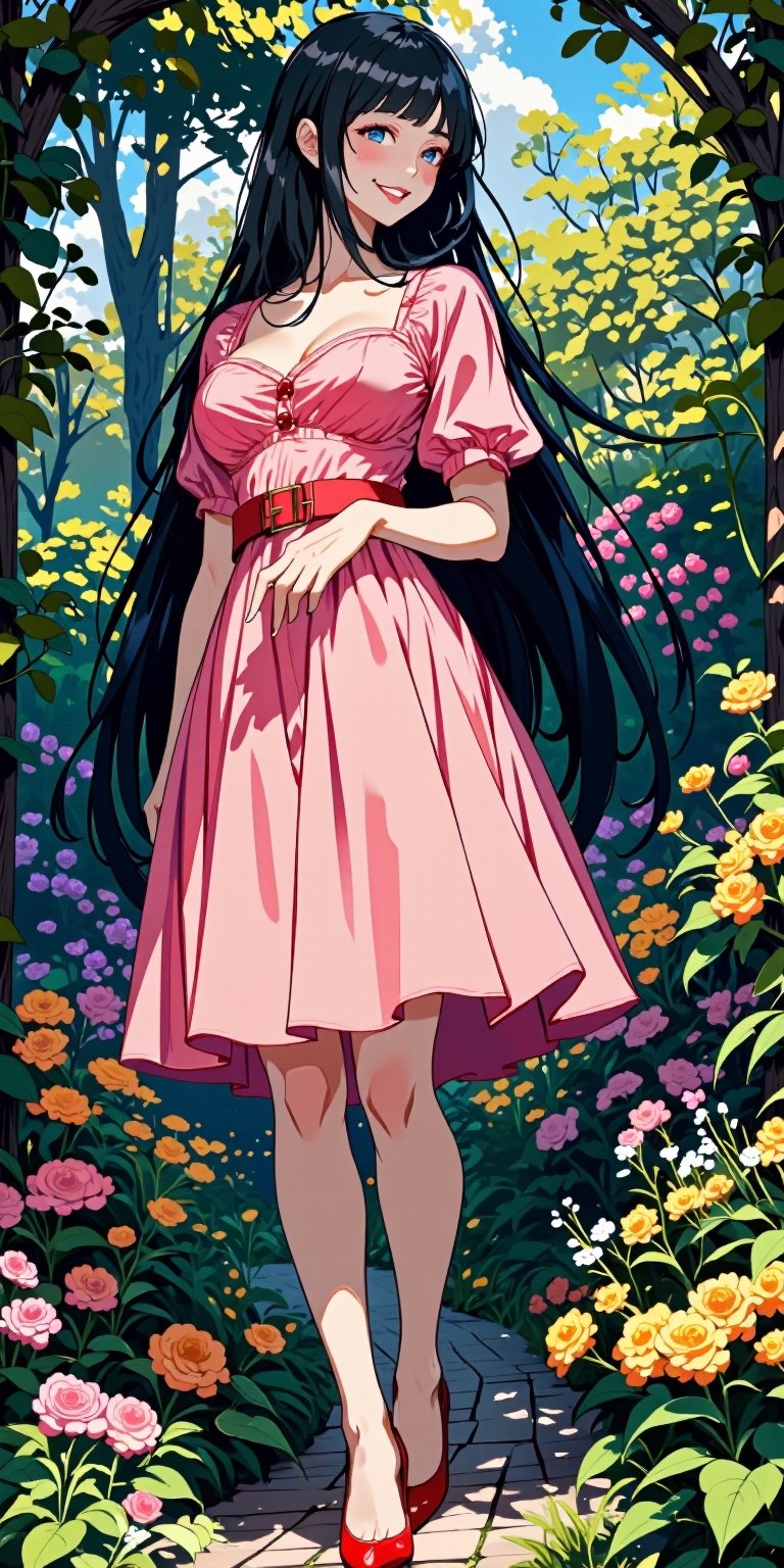 (masterpiece, high quality, 8K, high_res), abstract illustration, sketchbook style, ultra detailed, let's create a portrait of A stunning  woman stands amidst a lush royal garden, her long black hair cascading down her back like a waterfall of night. She wears a knee-length pink bouffant dress with puffy short sleeves,the vibrant hue accentuating her smooth white complexion.she has big breasts which is covered by her dress,Her black eyes sparkle with delight as she flashes a radiant smile. Red kitten heels add a touch of sophistication to her overall ensemble. The garden's verdant foliage and vibrant flowers provide a stunning backdrop for this lovely lady's elegance.this is inspired by Shinedown work, by badabum27, portraitart,Leonardo Style,artint