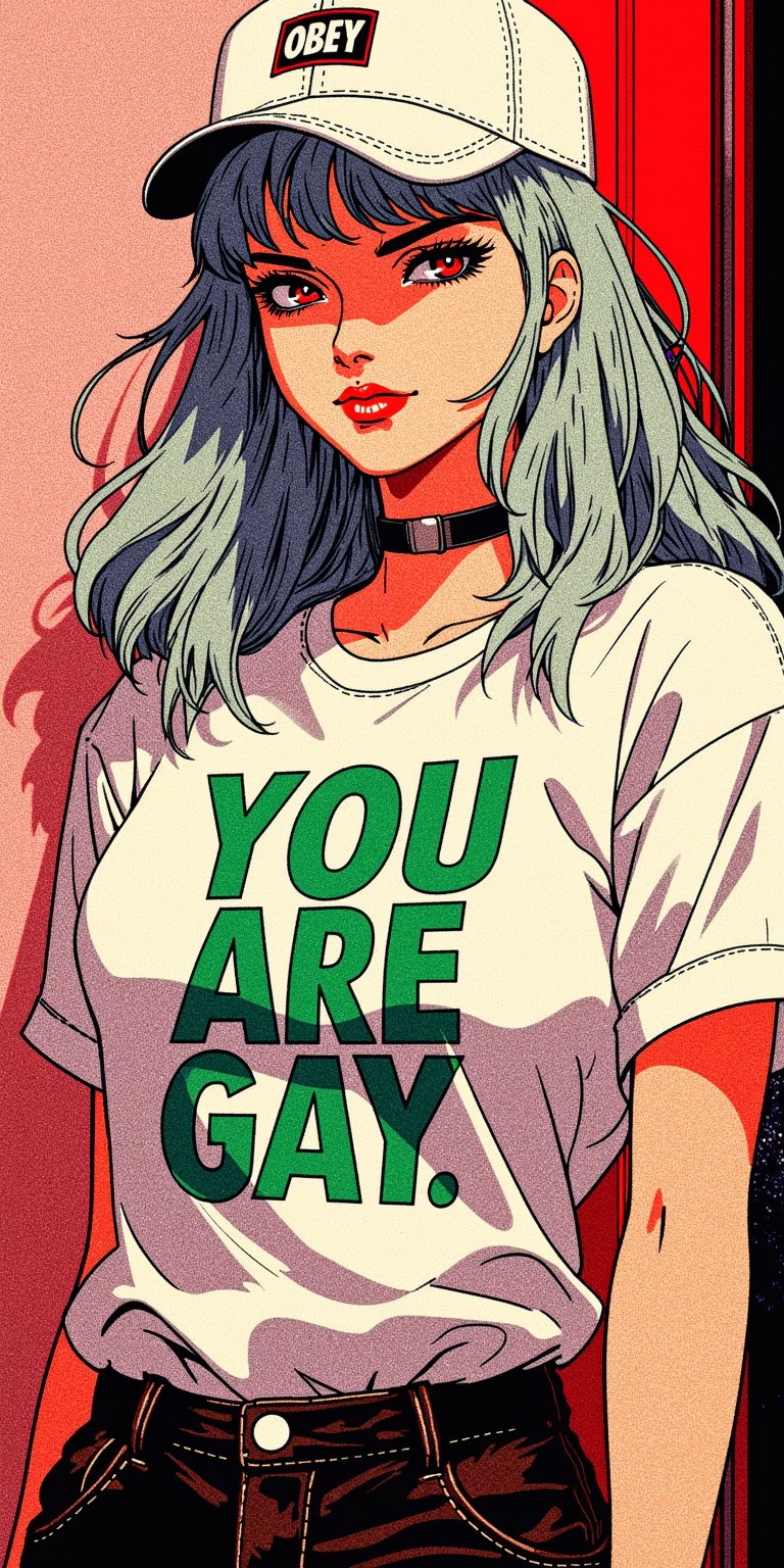 a retro anime of a gothic pale white skinned pretty vampire girl with smoky red eyes, black eyeliner,red lips, broad shoulders,big breasts and long wavy light silver hair cascading down her back in a casual pose, with a smirk expression on her face,wearing a white t-shirt with bold green and white text that reads 'YOU ARE GAY". The person is also wearing a white snapback with the word 'OBEY' printed on it, and a red wristband. The background is a plain, light-colored wall, and the overall color palette is dominated by red, and black.