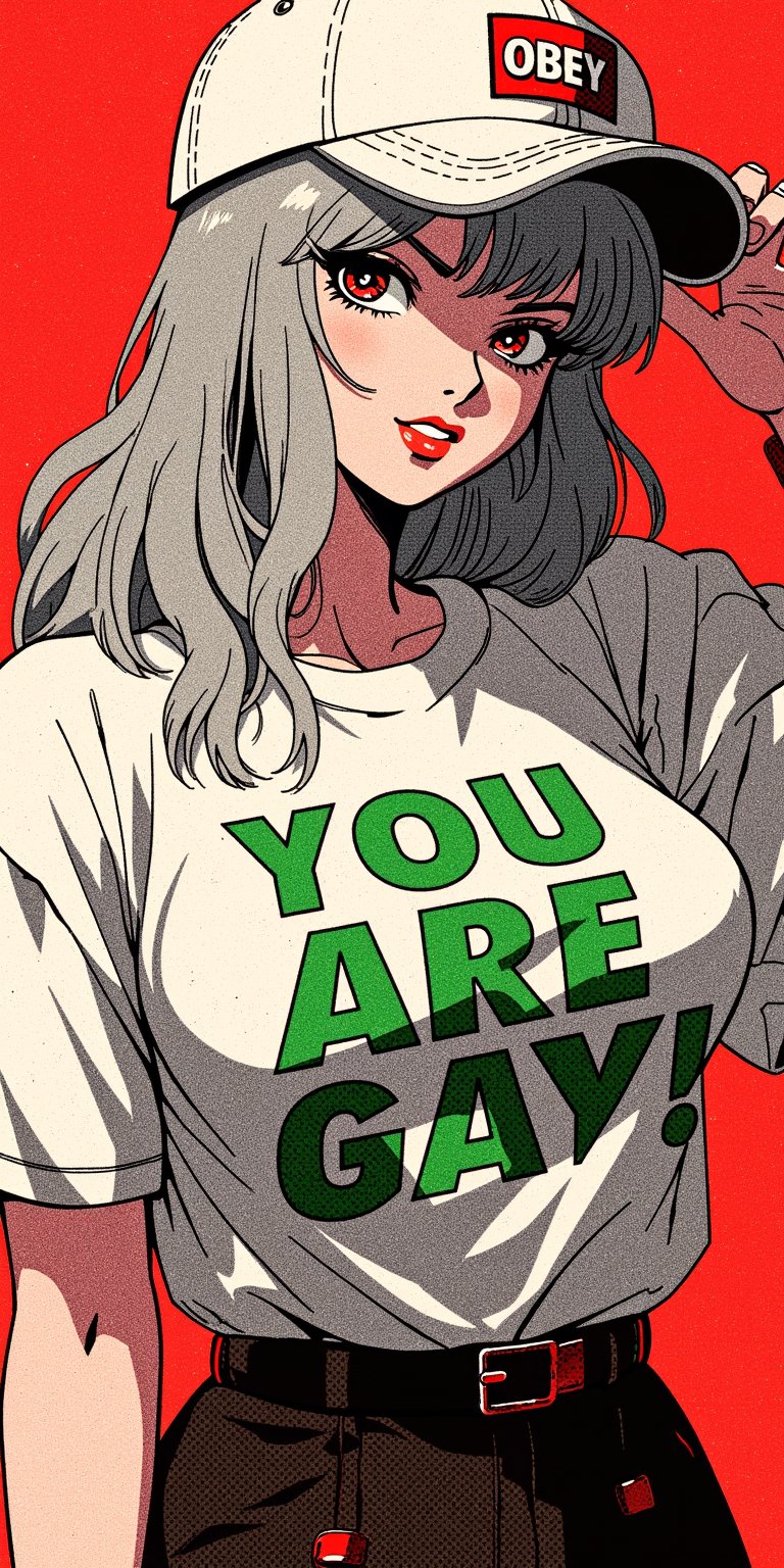 a retro anime of a gothic pale white skinned vampire girl with smoky red eyes, black eyeliner,red lips, broad shoulders,big breasts and long wavy light silver hair cascading down her back in a casual pose, with a smug expression on her face,wearing a white t-shirt with bold green and white text that reads 'YOU ARE GAY!". The person is also wearing a white snapback with the word 'OBEY' printed on it, and a red wristband. The background is a plain, light-colored wall, and the overall color palette is dominated by red, and black.