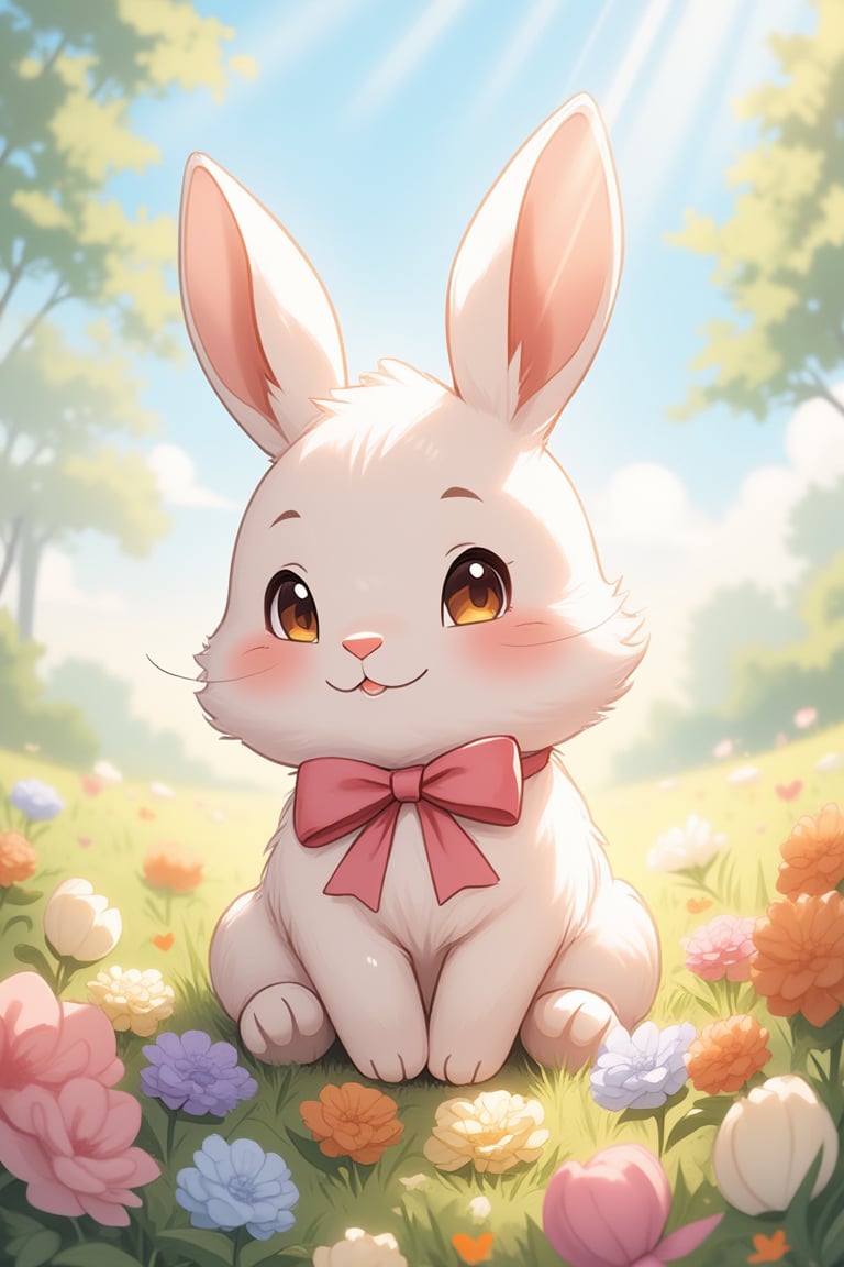 A whimsical anime-inspired illustration of a tiny, fluffy bunny sitting on a pile of colorful flowers, with a bright pink bow tied around its neck. The bunny's big brown eyes and soft whiskers are framed by a gentle sunbeam casting a warm glow on the serene meadow landscape.