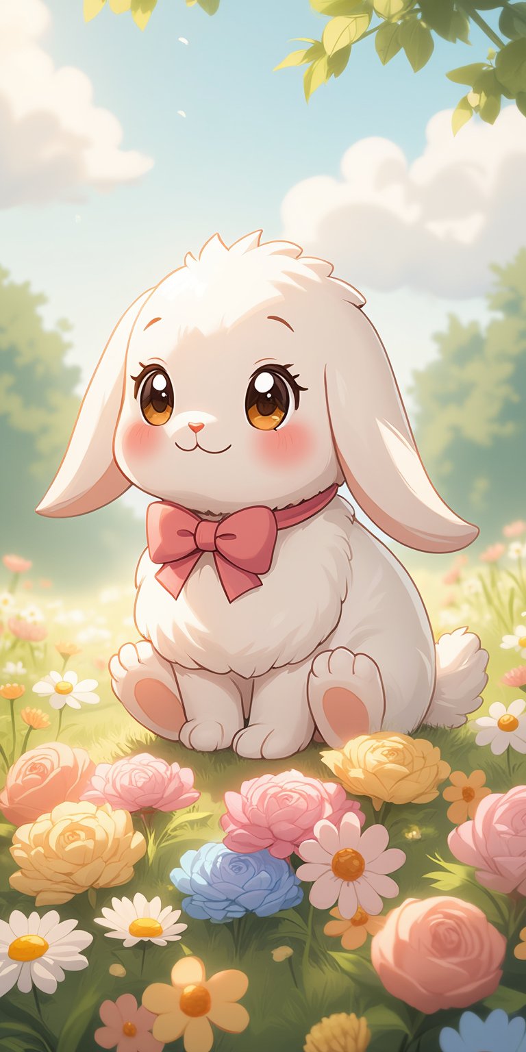 A whimsical anime-inspired illustration of a tiny, fluffy bunny sitting on a pile of colorful flowers, with a bright pink bow tied around its neck. The bunny's big brown eyes and soft whiskers are framed by a gentle sunbeam casting a warm glow on the serene meadow landscape.