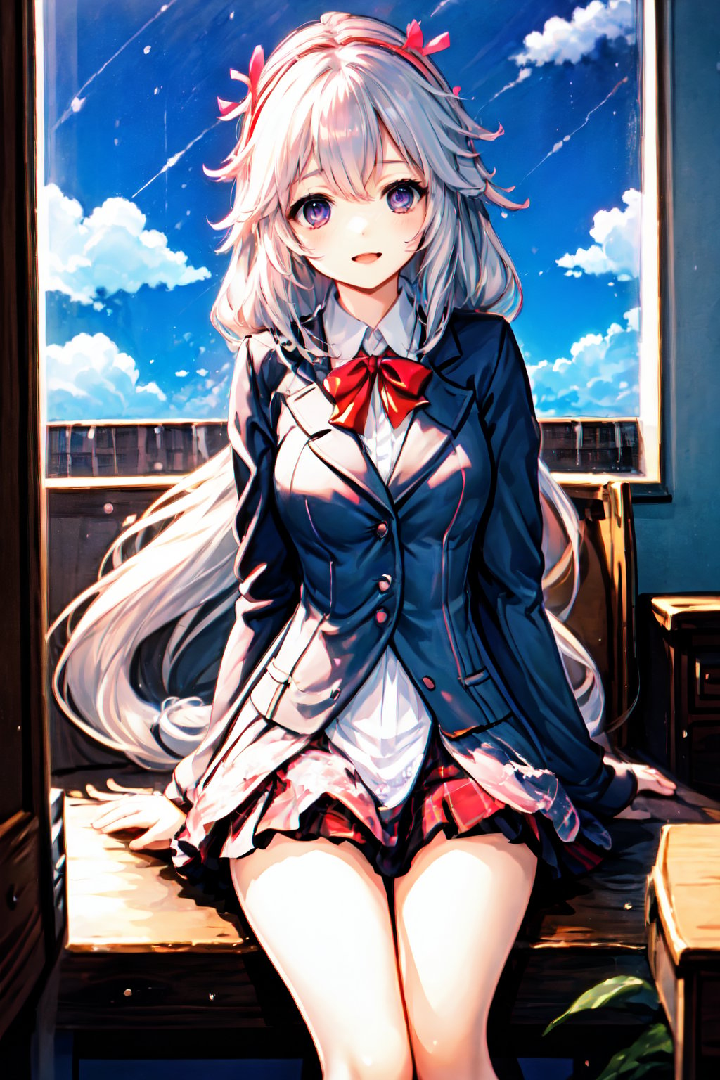 An animated image of a girl with long white hair and blue eyes. She is wearing a gray blazer with a white shirt and a red bow tie. Her eyes are blue. Her hair is tied in a ponytail with a pink bow at the top of her head. The girl is sitting in front of a window with a blue sky and white clouds in the background. Her feet are crossed over a brown table.