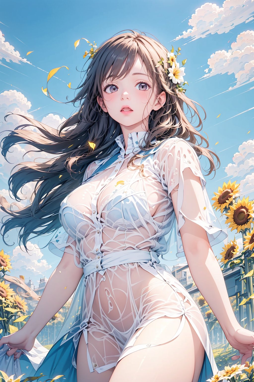 (masterpiece:1,2),best quality,(highres:1.1),original,extremely detailed wallpaper,perfect lighting,(extremely detailed CG:1.2), long hair drifting in the wind,(see-through:1.2),hair flower,french braid,reflective,(a glowing body:1.1),(wide_shot:1.4),(sunahara yoshimi:1.2),incredibly absurdres,high detail eyes,pastel