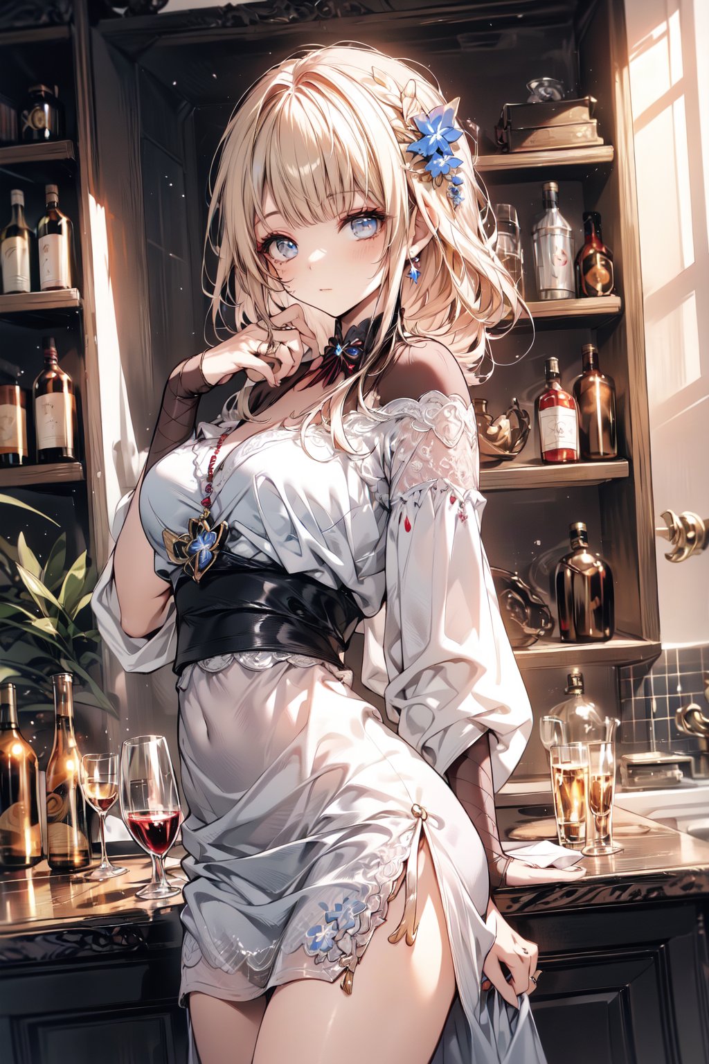 An animated animated image of a blonde woman with blue eyes. She is wearing a white shirt and a blue dress with a black corset. The woman's hair is long and cascades down her shoulders. She has a black flower pinned to her head. In the background, there are shelves filled with bottles and glasses. On the right side of the image, there is a wine bottle on the counter.