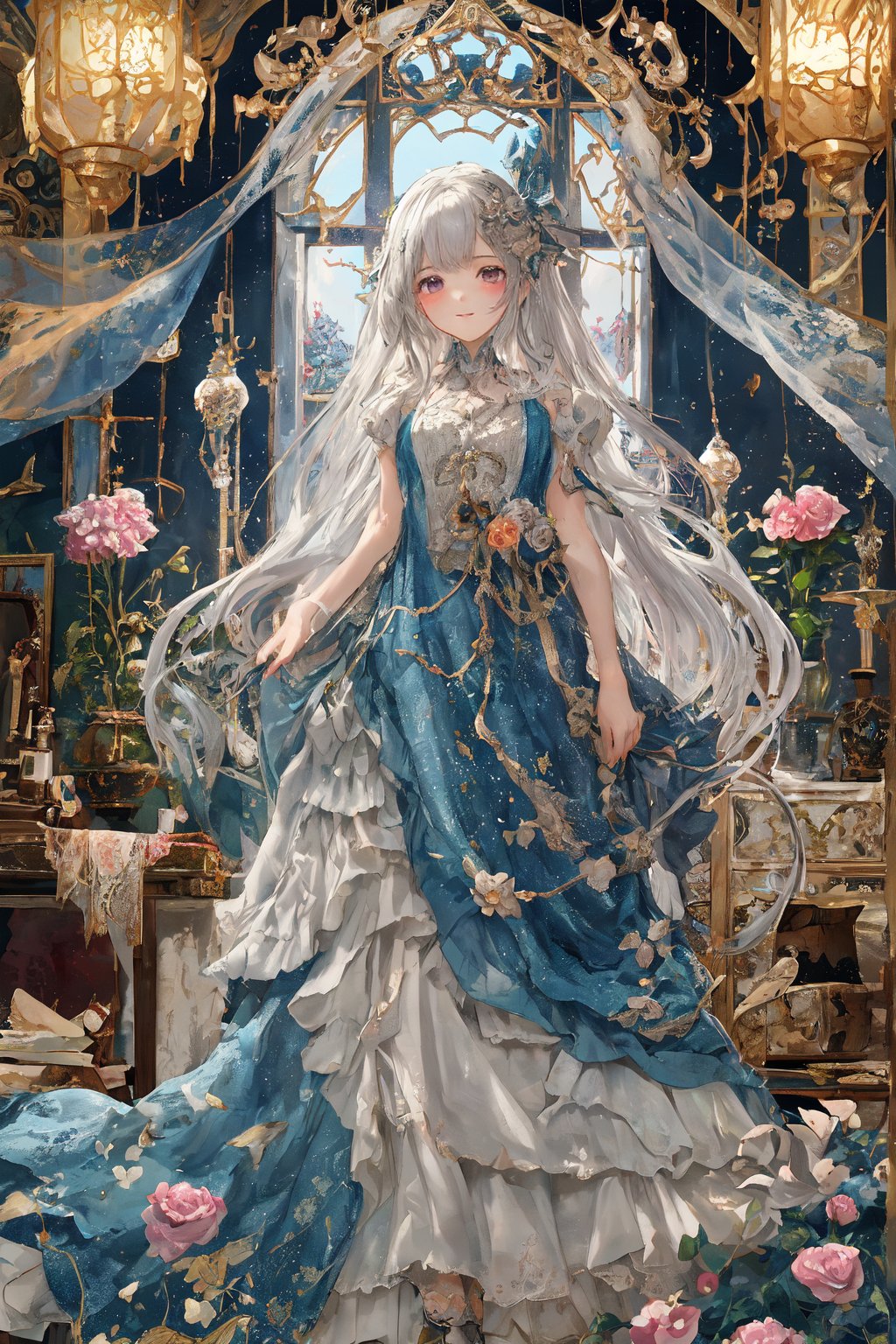 Prompt: Title: "Enchanted Whispers"In a mesmerizing visual masterpiece that exudes the finest quality, a single figure captivates the viewer with a gentle smile and a face of exquisite beauty, portrayed with meticulous attention to detail. The girl, with her silver hair styled in a delicate braid adorned with a ribbon, embodies a sense of ethereal charm in the style reminiscent of William Morris and the intricate illustrations by WOLP.Her captivating gaze meets the viewer's eyes with a sense of depth, drawing them into the enchanting world of art nouveau and ultra-detailed craftsmanship. The scene is bathed in cinematic lighting, accentuating the floral prints and delicate lace curtains that adorn the background, creating a dreamy atmosphere reminiscent of a watercolor painting with soft blending and organic shapes.Surrounded by a mini flower garden and a room filled with kawaii elements, from macarons to heart items and ribbons, the girl stands as a vision of elegance amidst the whimsical chaos. The room, a blend of pink gothic and pastel colors, exudes a sense of fairy tale charm with its miscellaneous goods and antimacassar draped over the dresser.In contrast to the girl, a lone elf boy with silver hair stands in a full-body shot, adding a touch of mystery and fantasy to the composition. The dollcastle in the background is adorned with stars, flowers, and gems, creating a cute and sweet illustration that evokes a sense of nostalgia and wonder.The room is filled with light blue and pink roses, macarons, and a variety of kawaii elements that enhance the whimsical atmosphere. The dollhouse features charming details like stars, hearts, and candies, all rendered in a flat color style that adds to the overall enchanting aesthetic.Authored by kyo8sai, this magnificent creation stands as a testament to the artist's creative prowess and was brought to life on 2024-09-03.The painting is signed 'kyo8sai' on the edge."Enchanted Whispers" is a visual symphony of beauty and charm, a fusion of art nouveau elegance and kawaii cuteness that transports the viewer to a world of magic and wonder. The delicate balance of detailed beauty and whimsical elements creates a sense of harmony and joy, inviting the viewer to immerse themselves in a realm where dreams come to life in the most enchanting way.,