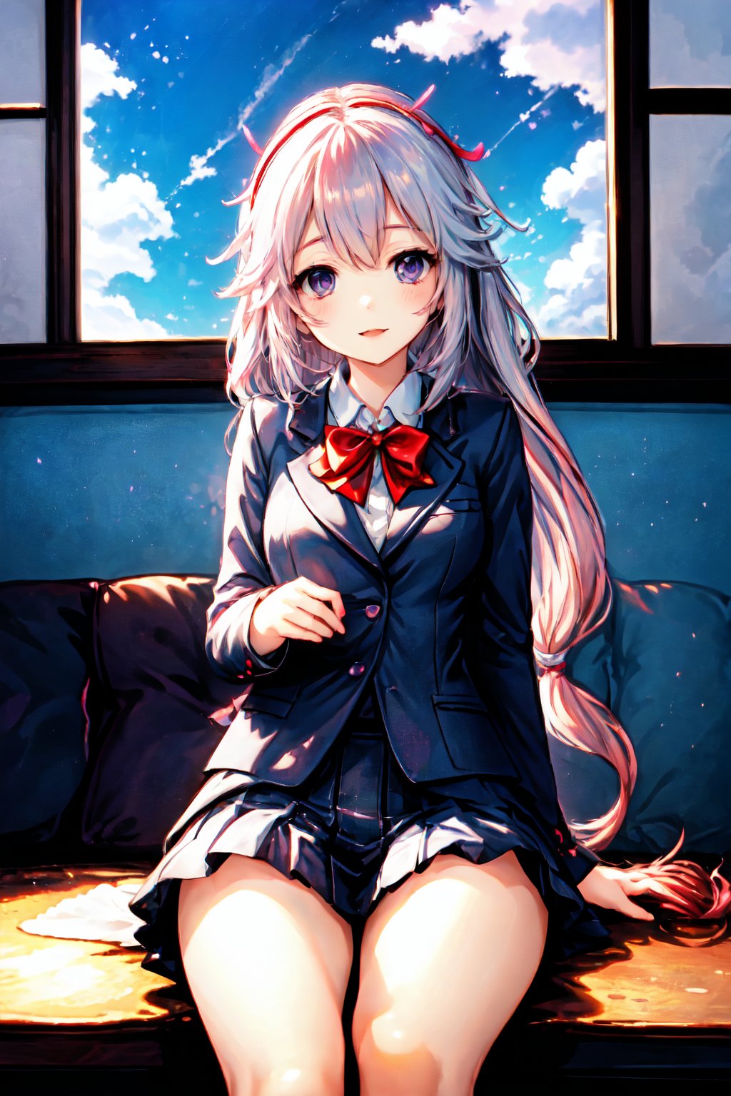 An animated image of a girl with long white hair and blue eyes. She is wearing a gray blazer with a white shirt and a red bow tie. Her eyes are blue. Her hair is tied in a ponytail with a pink bow at the top of her head. The girl is sitting in front of a window with a blue sky and white clouds in the background. Her feet are crossed over a brown table.