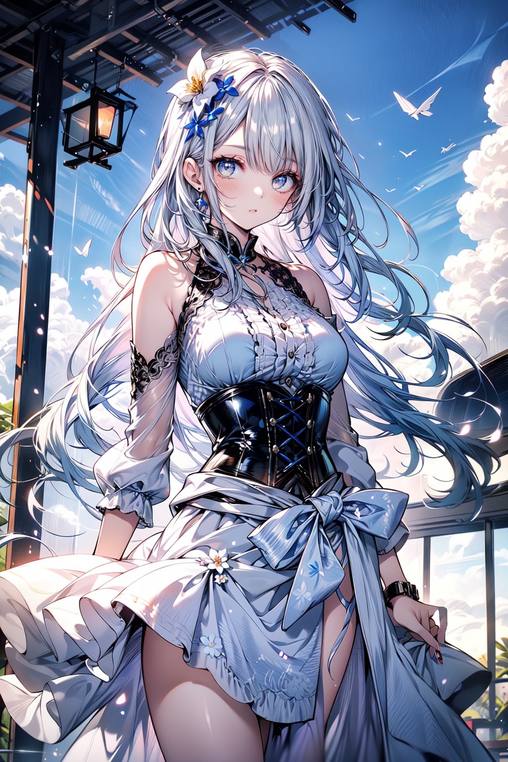 An animated image of a woman with long brown hair and a white shirt. She is wearing a black corset with a white lace trim around the corset. The corset is tied in a bow at the top of her head. She has a white flower in her hair. Her eyes are blue and her hair is blowing in the wind. Her hair is long and cascades down to her shoulders. Her dress is white with a black belt around her waist. The sky is blue with white clouds.,yaemikodef