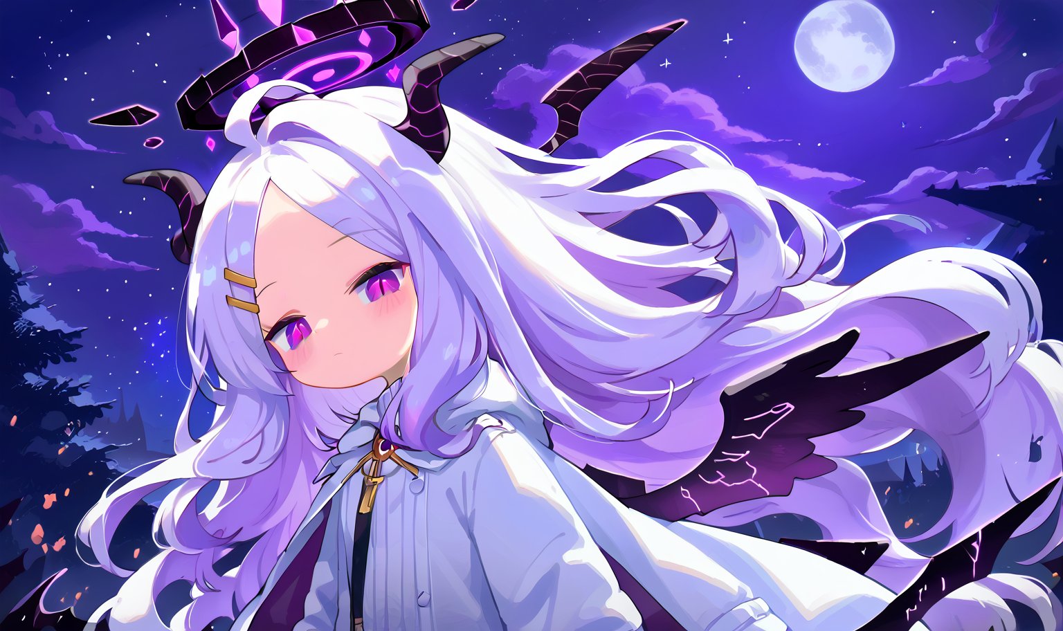 hina, purple eyes, white hair, very long hair, parted bangs, ahoge, multiple horns, halo, wings, low wings, hairclip at night with a waning moon and purple stars with a white coat 