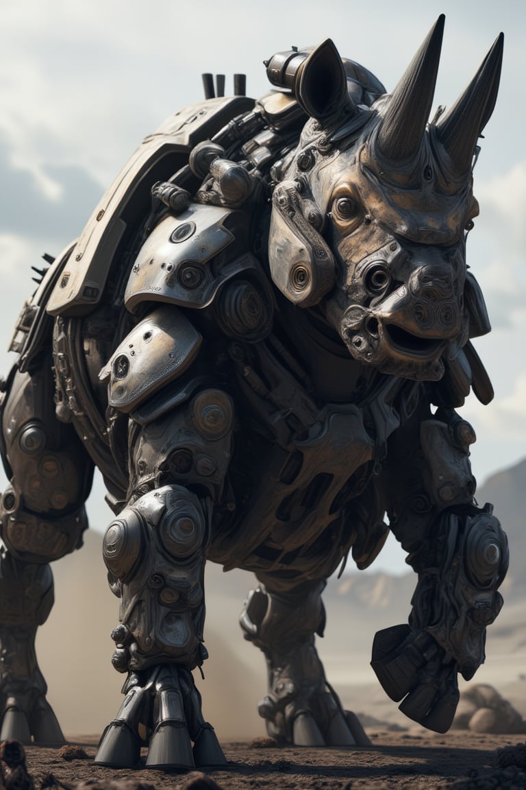 A formidable 8K image of a cyborg rhinoceros charging through a war-torn landscape, its left side replaced by advanced cybernetics that feature realistic skin textures and integrated heavy weaponry.The rhino's organic right eye bears an artificial silver iris, indicating advanced targeting systems and remote-controlled capabilities,Cyborg style 