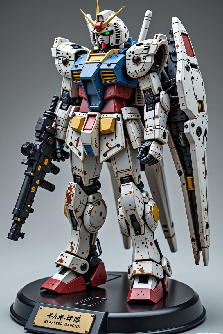 Hyper-realistic figure of the RX-78 Gundam with heavy armor modifications. Incredibly detailed 1/60 scale model, showcasing weathered battle damage and grime. 
Gundam stands in a dynamic pose on a polished black ebony base with brass nameplate. Classic white, blue, red, and yellow color scheme, now muted and worn.
Massive backpack extends from shoulders, housing additional thrusters and power cells. Intricate panel lines and hydraulics visible,
Left hand grips a weathered beam saber hilt,
Armor plating shows realistic battle scars, chipped paint, and rust streaks. Joints feature exposed pistons and cabling,
Head unit retains iconic V-fin and dual eyes,resin