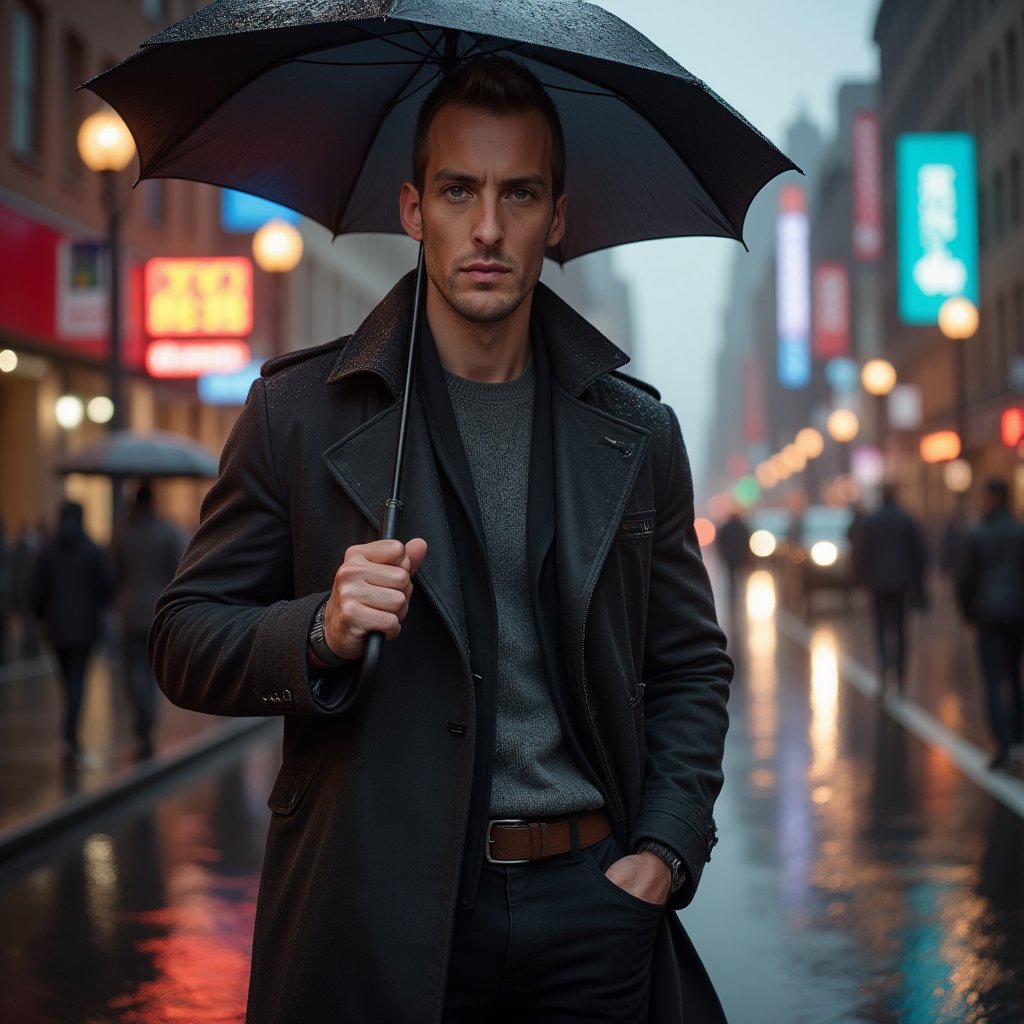 A hyper-realistic, medium shot of a tall, athletic man with green eyes and a muscular build, standing in a bustling city during a rainy evening in early spring. He’s wearing a stylish, dark trench coat over a fitted sweater, paired with slim black jeans and polished leather boots. He holds a black umbrella in one hand, while the other is tucked into his coat pocket. Raindrops shimmer on the umbrella and pavement, reflecting the city lights. His face is clearly visible, softly illuminated by the warm glow of streetlights and neon signs. His expression is calm and introspective, as he gazes down a lively city street, embracing the moody atmosphere of the rainy evening.
