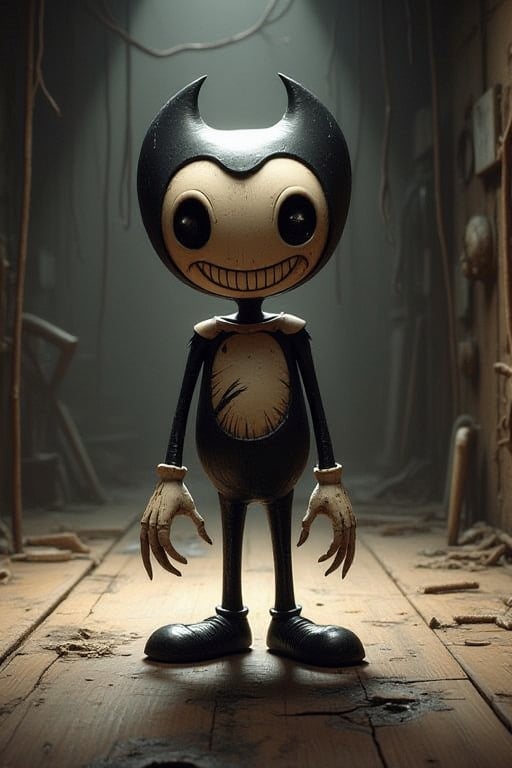 A menacing, deformed, and unnerving child version of Bendy, covered in ink, with disproportionate limbs, lurking in the dark corners of a desolate, abandoned cartoon studio.