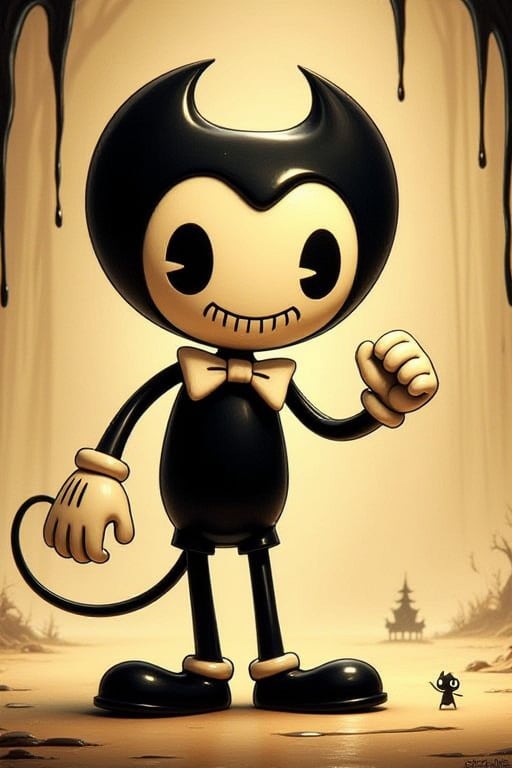  Bendy of  bendy and the ink machine, a curious, playful, and adorable little Bendy ink demon, innocently getting close to you, wear a white bow.