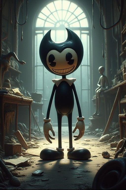 A dimly lit, abandoned cartoon studio, once filled with vibrant colors and laughter, now stands as a haunting monument to forgotten dreams. Among the dusty rubble, a twisted, ink-covered version of Bendy emerges from the shadows, his disproportionate limbs resembling grasping tentacles, his white bow-like gloves now stained by a dark liquid. The boy's face, a grotesque parody of innocence, twists into a malevolent smile as he stands in the dark corners, a monstrous guardian of the secrets of forgotten study.