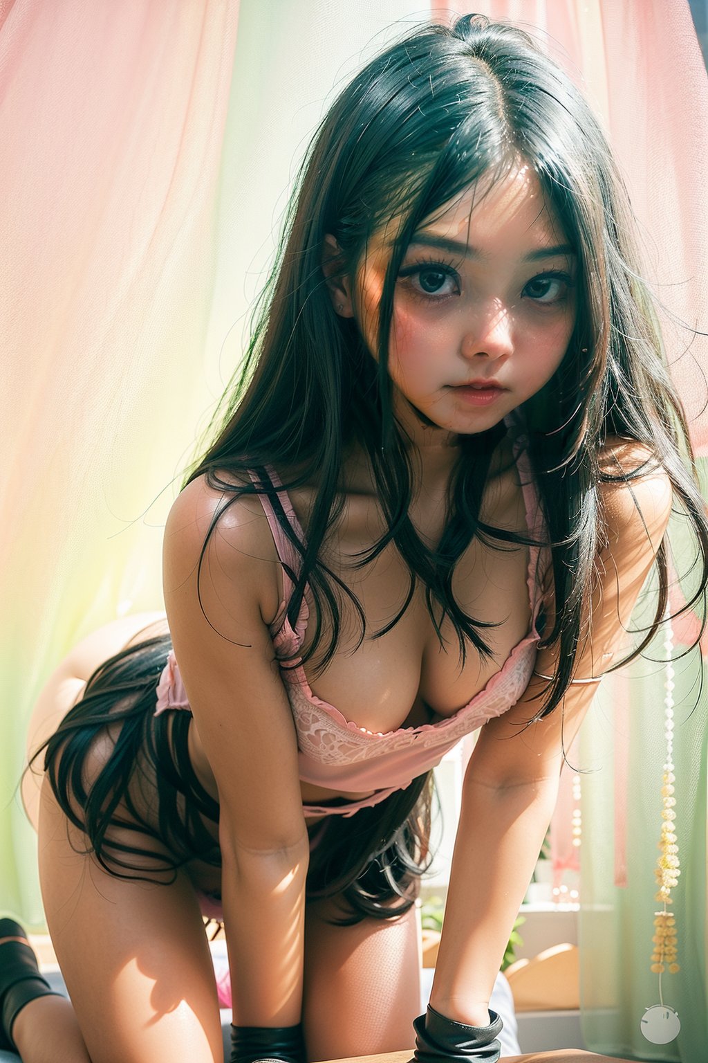 Full body photo, Taiwanese female (18 years old, tall), hairstyle (black hair, brown highlights, long wavy hair), appearance (big eyes, straight nose, pink mouth, light eyebrows, light spots), body shape (big breasts, Thin, strong, curvy buttocks, slender legs), clothing (pink lace underwear, pink lace panties), posture (kneeling and sexy posture, tongue sticking out), scene (classroom), pink exposed