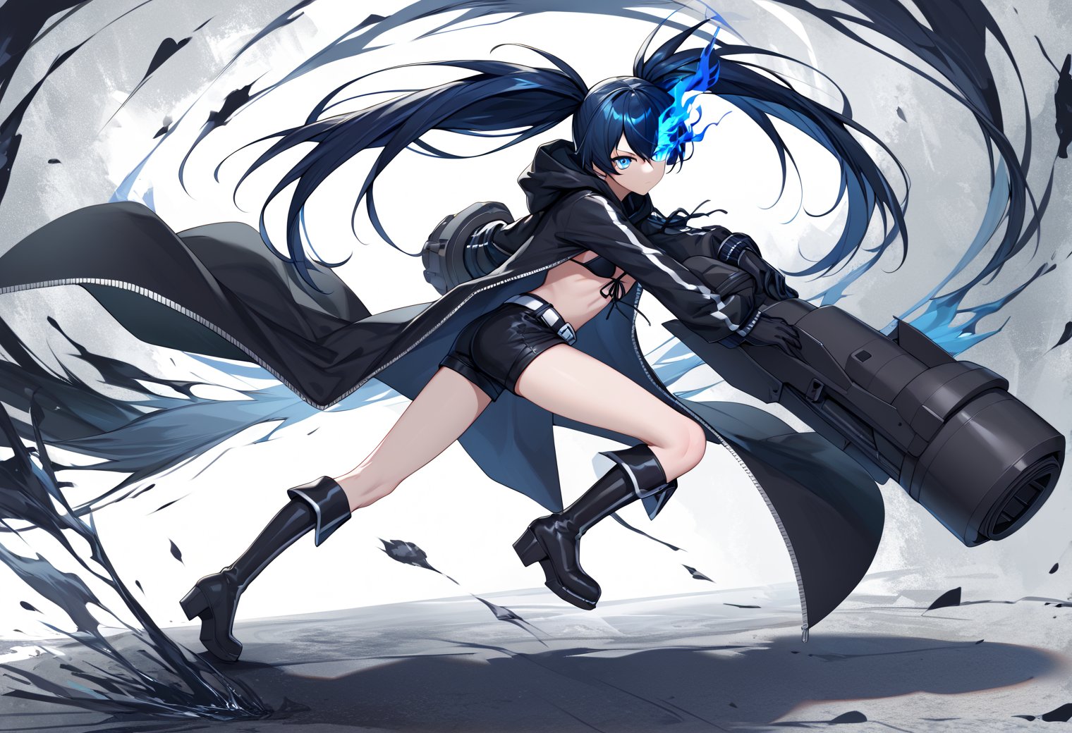 Score_9, score_8_up, score_7_up, source_anime, solo, 1girl, blackrockshooter, expressionless, standing, twintails,blue flaming eyes, black coat, cardigan, long sleeves, black bikini, front tie Comes with , black gloves, black shorts, white belt , boots, black footgear, fighting stance, mecha arm,arm cannon, from behind, bend oven,abstract background