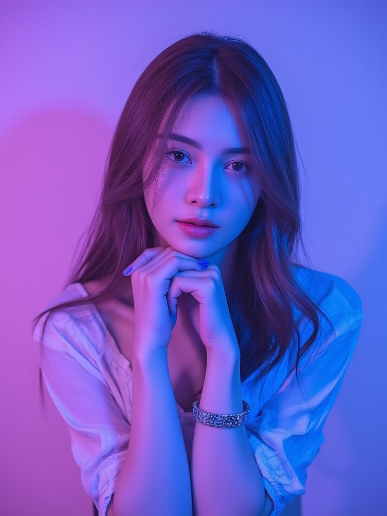 A photo of a Chinese woman 22-year old with dress girl group style,in studio, music video style,blue and pink light tones