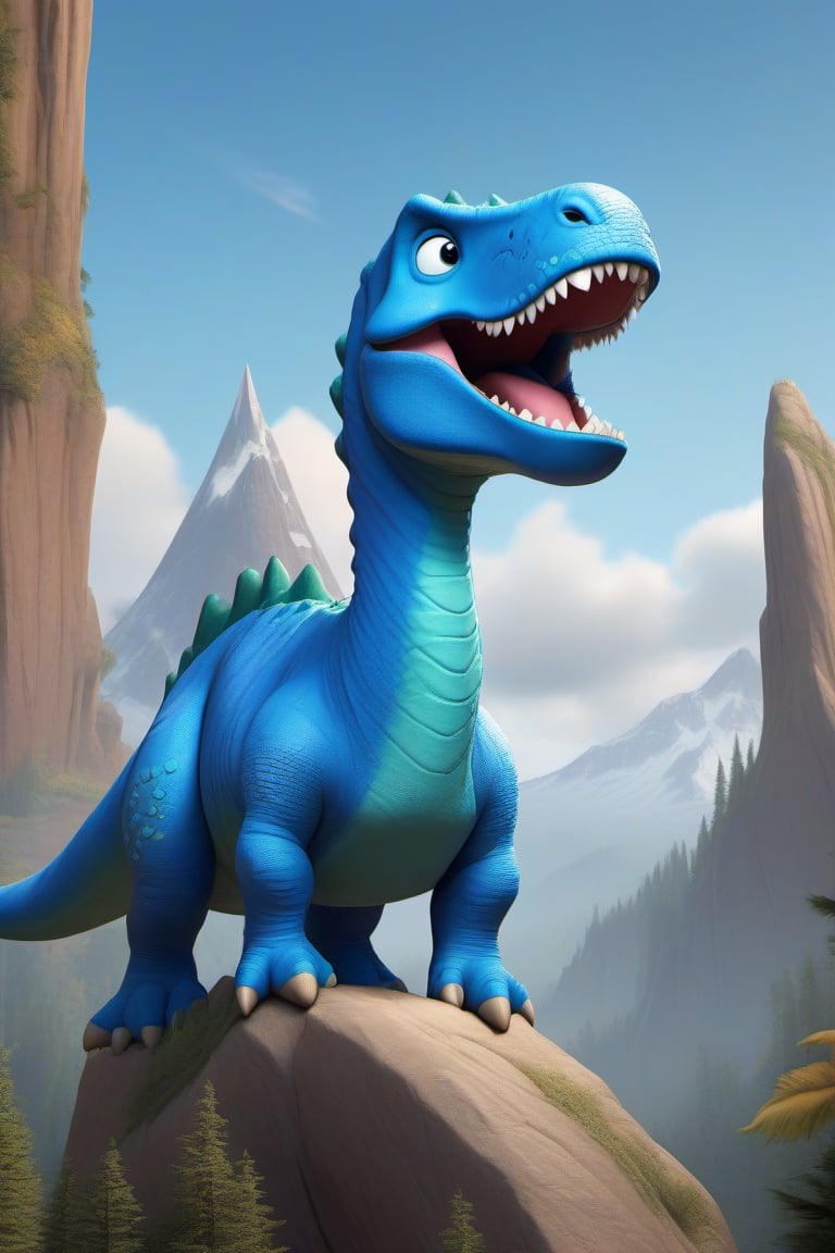 A whimsical illustration of a cartoon blue Sky crystal dinosaur perched atop a majestic crystal mountain backdrop, its long tail adorned with a sharp blue sky crystal. The dinosaur's elongated head features a pointed nose and open mouth, showcasing its tongue and razor-sharp fangs protruding outwards. A black line extends from its mouth to the right, drawing attention to its stance. Above the dinosaur's head, wavy lines form the shape of an additional head, with an arrow pointing rightward. Below the arrow, three buttons are arranged, one bearing the numeral 8.0. The overall composition is playful and fantastical, inviting the viewer to step into this enchanting world.,3d style,dash_parr,Animal