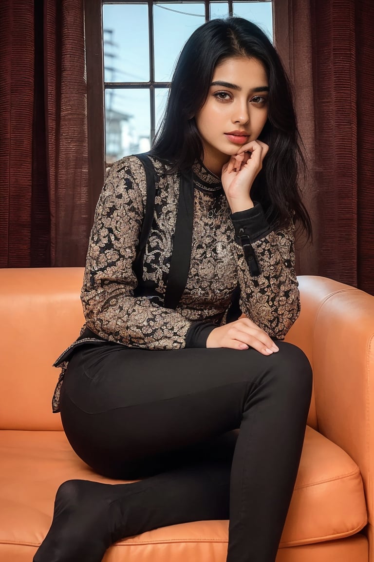 beautiful cute young attractive indian teenage girl, village girl, 18 years old, cute,  Instagram model, long black_hair, colorful hair, warm, dacing, in home sit at  sofa, wearing athenic outfit, casual outfit for women 