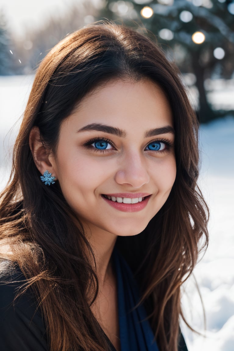 (best quality,4k,8k,highres,masterpiece:1.2),ultra-detailed,(realistic,photorealistic,photo-realistic:1.37),portrait,beautiful and smiling caucasian woman,cinematic,Ondas e Nuances,detailed symmetric hazel eyes,circular iris,vivid colors,winter scenery,soft snowflakes falling,icy breath,rosy cheeks,pure white background,subtle warm lighting,innocence and radiance,sparkling blue eyes,joyful expression, wearing black saree full image 