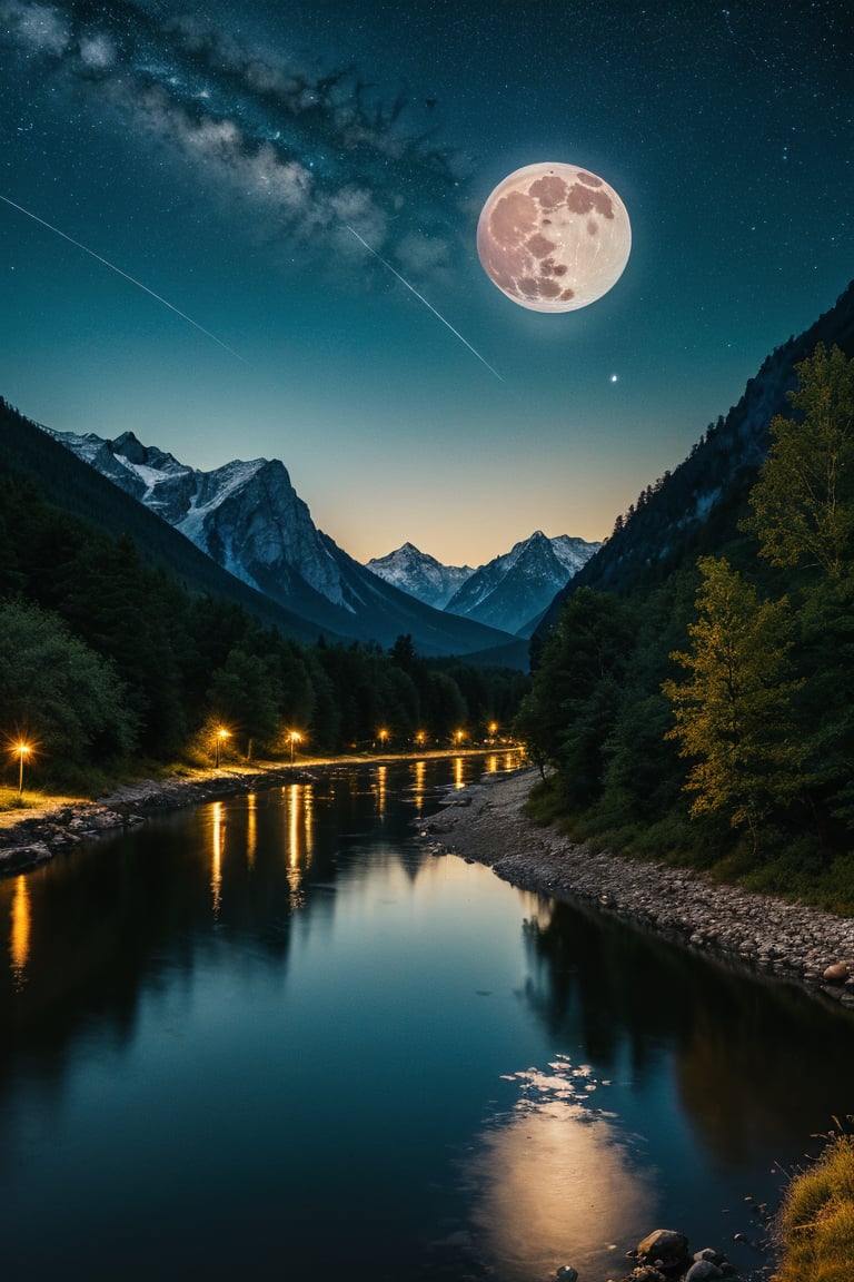 (best quality,4k,8k,highres,masterpiece:1.2),ultra-detailed,(realistic,photorealistic,photo-realistic, full image) Night scene, large moon, sky twinkle galaxy, mountain, river, reflection of sky in water 
